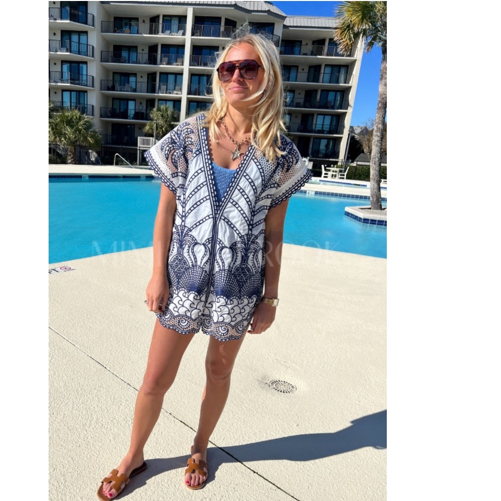 FARM Rio Blue Richelieu Plunging Neck Romper Size XS NWT Embroidered Lace - Picture 12 of 15